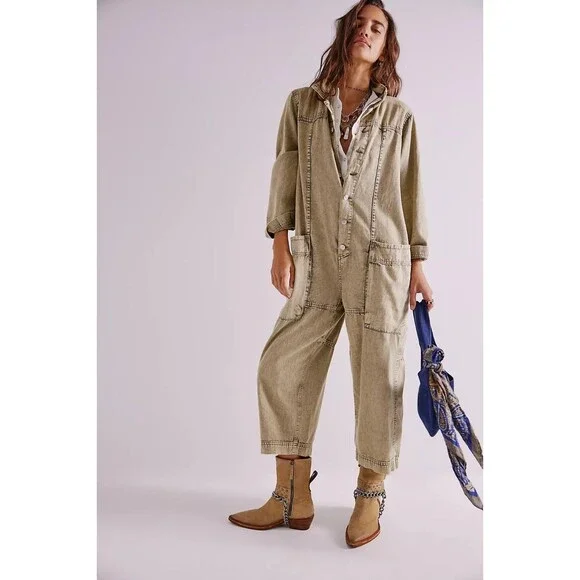 Free People We The Free Margarita Jumpsuit Rigid Denim Wide Leg L NEW 279177